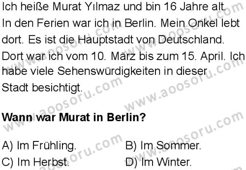 Almanca 6 Dersi 2024-2025 yılı 3. Dönem sınavı 10. Soru