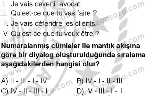 Fransızca 6 Dersi 2024-2025 yılı 3. Dönem sınavı 8. Soru