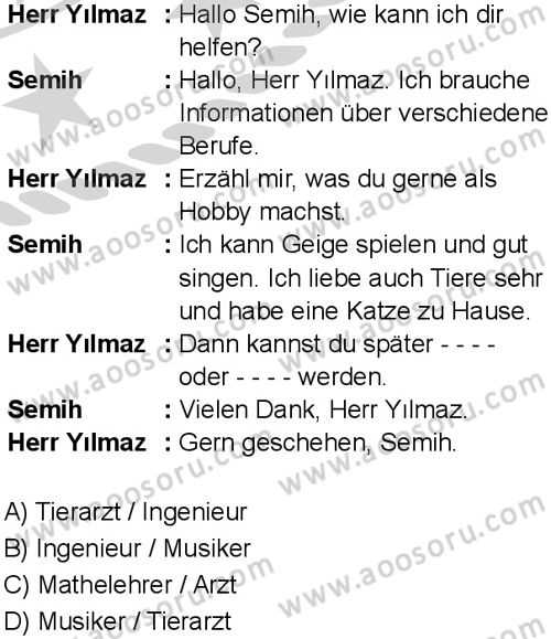 Almanca 8 Dersi 2024-2025 yılı 3. Dönem sınavı 2. Soru