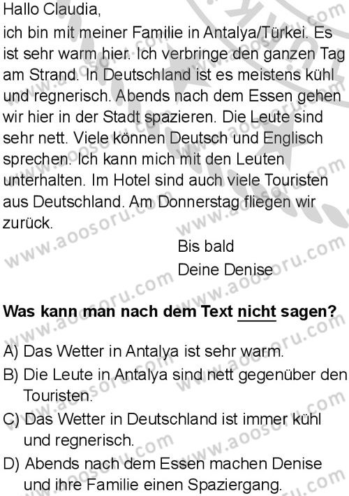 Almanca 8 Dersi 2024-2025 yılı 3. Dönem sınavı 5. Soru