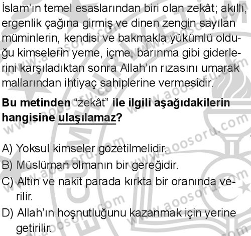 Din Kültürü ve Ahlak Bilgisi 8 Dersi 2024-2025 yılı 3. Dönem sınavı 4. Soru