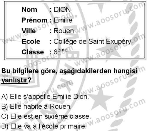 Fransızca 5 Dersi 2024-2025 yılı 3. Dönem sınavı 6. Soru