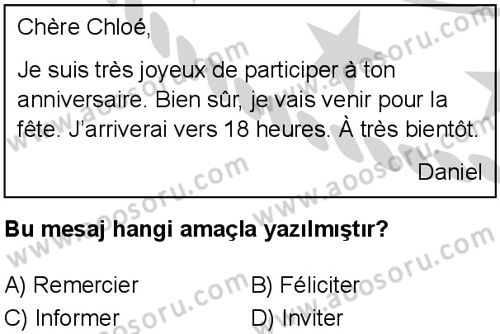 Fransızca 7 Dersi 2024-2025 yılı 3. Dönem sınavı 8. Soru