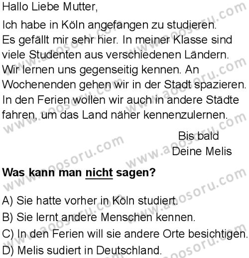 Almanca 8 Dersi 2025-2026 yılı 1. Dönem sınavı 7. Soru