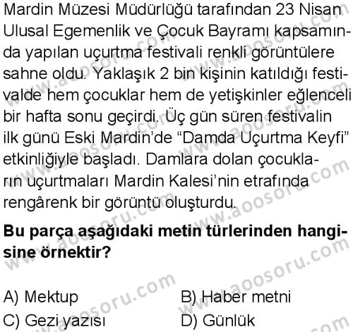 Türkçe 6 Dersi 2025-2026 yılı 1. Dönem sınavı 7. Soru