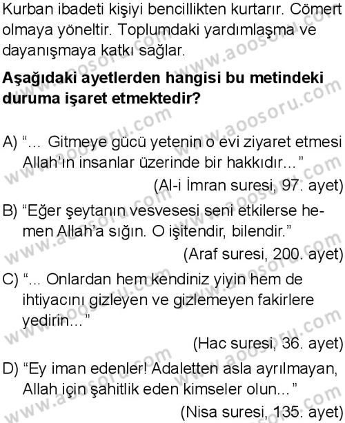 Din Kültürü ve Ahlak Bilgisi 7 Dersi 2025-2026 yılı 1. Dönem sınavı 5. Soru