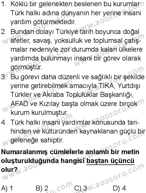 Türkçe 8 Dersi 2025-2026 yılı 1. Dönem sınavı 4. Soru